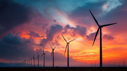 Wind turbines stand tall against a vibrant sunset sky, symbolizing renewable energy and sustainable power generation.