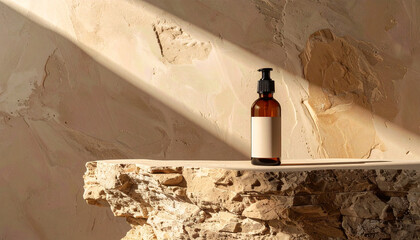 Glass Bottle on Sandstone Edge with Spotlight Highlighting Cliff-like Rock Texture

