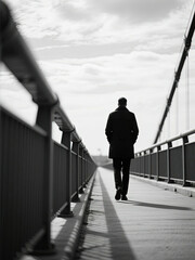 Man Walking Alone on Bridge - Silhouette, Monochrome, Urban Landscape
