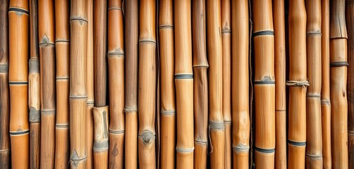 Naklejka premium Close-up of natural bamboo wall, showing intricate texture and varied tones, Asian, green
