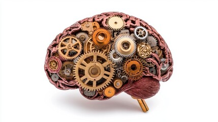 Fototapeta premium Conceptual Gears Brain Metallic Mechanism on White Backdrop Depicting Intellect and Innovation