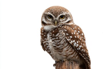 Fototapeta premium Brown owl with striking eyes perched on a wooden post