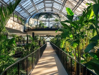 Glass walkway through lush tropical conservatory