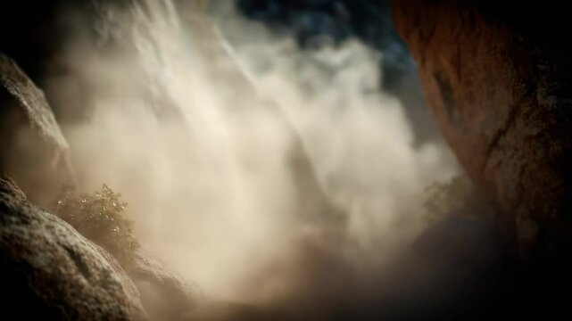 Rockslide dust cloud between rock formations in a desert landscape