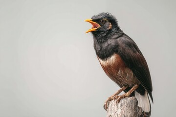 Majestic bird vocalizing on a wooden perch with dramatic expression