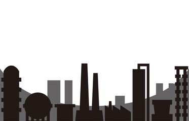 産業に貢献するコンビナート、工業地帯に立てられた工場などを白黒や灰色のシルエットのベクター・イラストでデザインしたフレーム、背景、壁紙