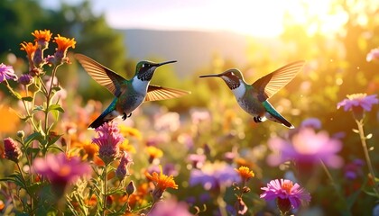 Two Hummingbirds Flight Amidst Vibrant