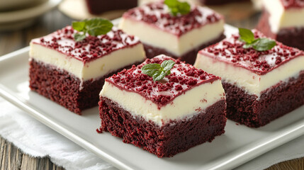 Red Velvet Cream Cheese Brownies, Beautifully arranged on a white plate.