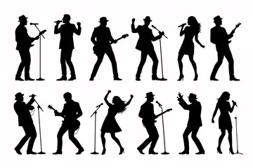 Energetic Music Band Silhouettes:  Dynamic Stage Performance, Black and White Vector Illustration.