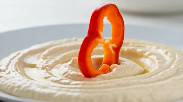 Fresh red pepper slice atop creamy hummus dip