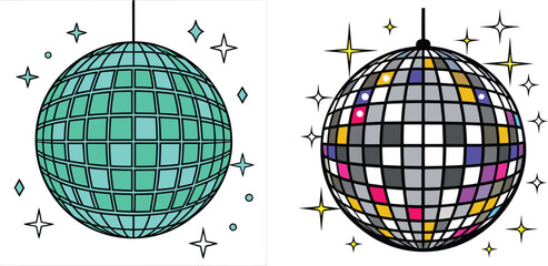 A digital illustration of two disco balls side by side against a white background