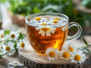 Freshly brewed herbal tea with floating chamomile flowers