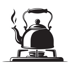 Stylized black and white illustration of a vintage kettle heating on a gas stove with steam