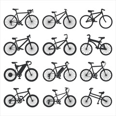 Various bicycles depicted in silhouette cycling transportation