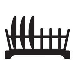 Simple black silhouette of a dish drying rack holding several plates and cutlery on a white background