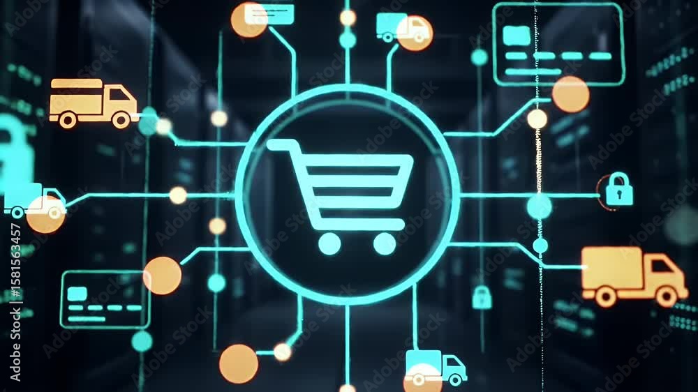 Poster abstract online shopping network visualization with transaction delivery and security icons in a ser