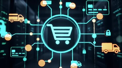 Abstract Online Shopping Network Visualization with Transaction Delivery and Security Icons in a Server Room with Blue - Powered by Adobe