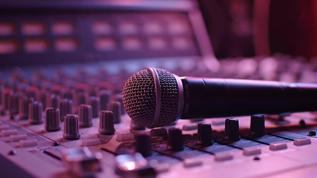 Professional Microphone on Soundboard Mixing Console Under Pink and Purple Lighting in Studio for Audio Recording or