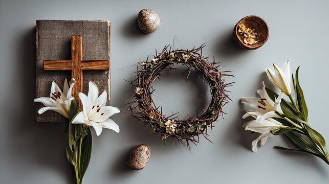 Easter still life with cross, lilies and crown of thorns