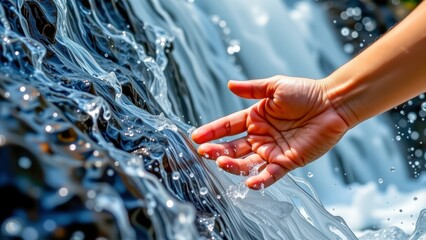 Hand reaches out to touch beautiful waterfall in indigenous territory, capturing essence of nature beauty and tranquility
