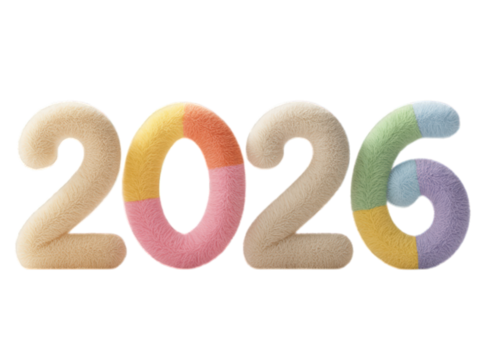Fluffy 2026 numerals, patchwork textures, festive look