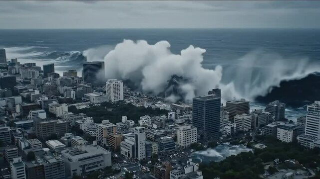 Immense ocean wave threatening coastal city buildings during severe storm.