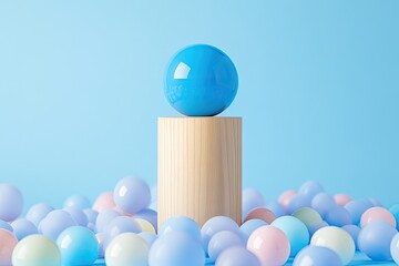 Light blue sphere atop a light brown cylinder, surrounded by pastel colored spheres
