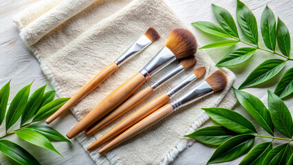 Luxury Bamboo Makeup Brushes on White Towel with Palm Leaf: Spa-Inspired Beauty