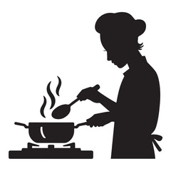 Silhouette of a chef wearing a hat and apron stirring food in a pot on a stove with steam rising