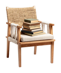 PNG Wooden chair with books furniture armchair backrest.