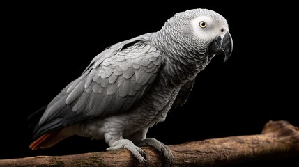 Obraz premium An African Grey parrot with striking eyes perches on a textured wooden branch against a stark black background