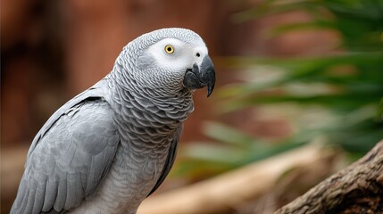Obraz premium Close up of a gray parrot with bright yellow eyes perched on a tree branch