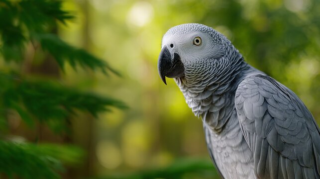 Close up portrait of a grey parrot with detailed feathers its eye visible against a blurred green and yellow background