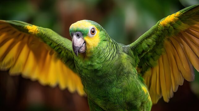 Vibrant green parrot with bright yellow wing feathers spread in flight