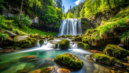 Obraz premium Lush waterfall cascading through mossy rocks (4)