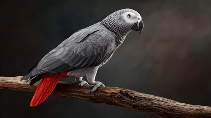 Obraz premium African Grey Parrot with bright red tail feathers perched on a natural wooden branch