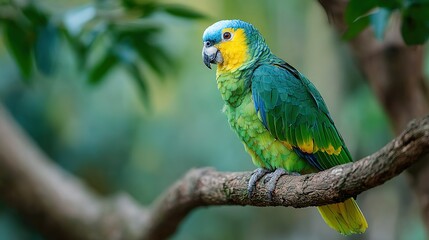 Obraz premium A brightly colored parrot with yellow and blue markings perches on a branch
