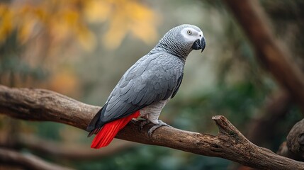 Obraz premium African Grey Parrot with bright red tail feathers perched on a tree branch