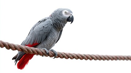 African grey parrot with bright red tail feathers perched on a thick textured rope