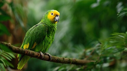 Fototapeta premium A vibrant green parrot with yellow plumage on its head perches on a moss covered branch in a lush forest