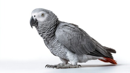 A detailed profile of an African Grey parrot standing on a white surface