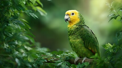 Obraz premium Yellow headed parrot perching on a branch amidst lush green foliage yellowheaded parrot