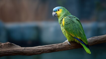 Obraz premium A vibrant green parrot with yellow and blue markings perched on a branch