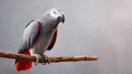 An African Grey parrot with vibrant red tail feathers perches on a wooden branch