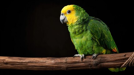 Vibrant green parrot with yellow head perched on a textured wooden branch against a dark background