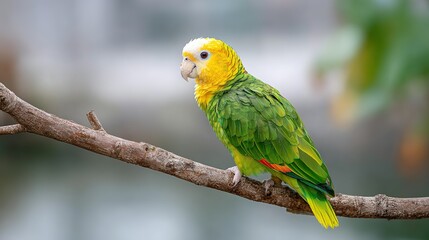 Yellow headed Amazon parrot perched on a tree branch with green plumage and colorful tail feathers
