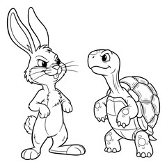 Cartoon Line Art Depicting the Classic Tale of the Tortoise and the Hare