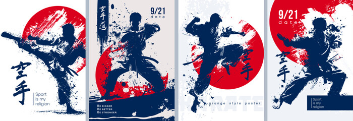 Dynamic and Exciting Martial Arts Posters Featuring a Wide Range of Various Action Silhouettes. Karate posters in grunge abstract style. Translation of hieroglyphs: karate.