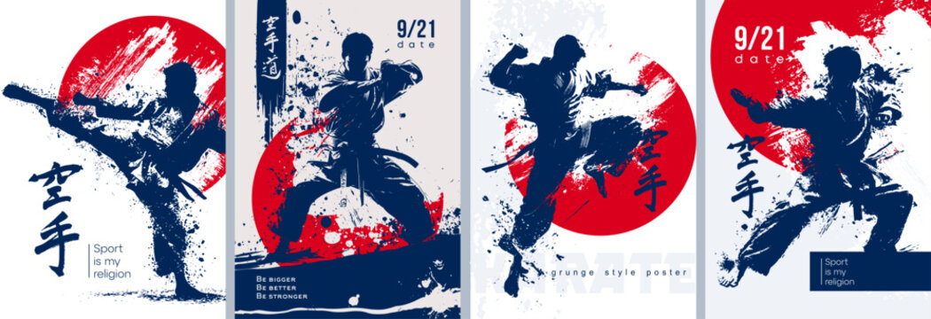 Dynamic and Exciting Martial Arts Posters Featuring a Wide Range of Various Action Silhouettes. Karate posters in grunge abstract style. Translation of hieroglyphs: karate. - Powered by Adobe