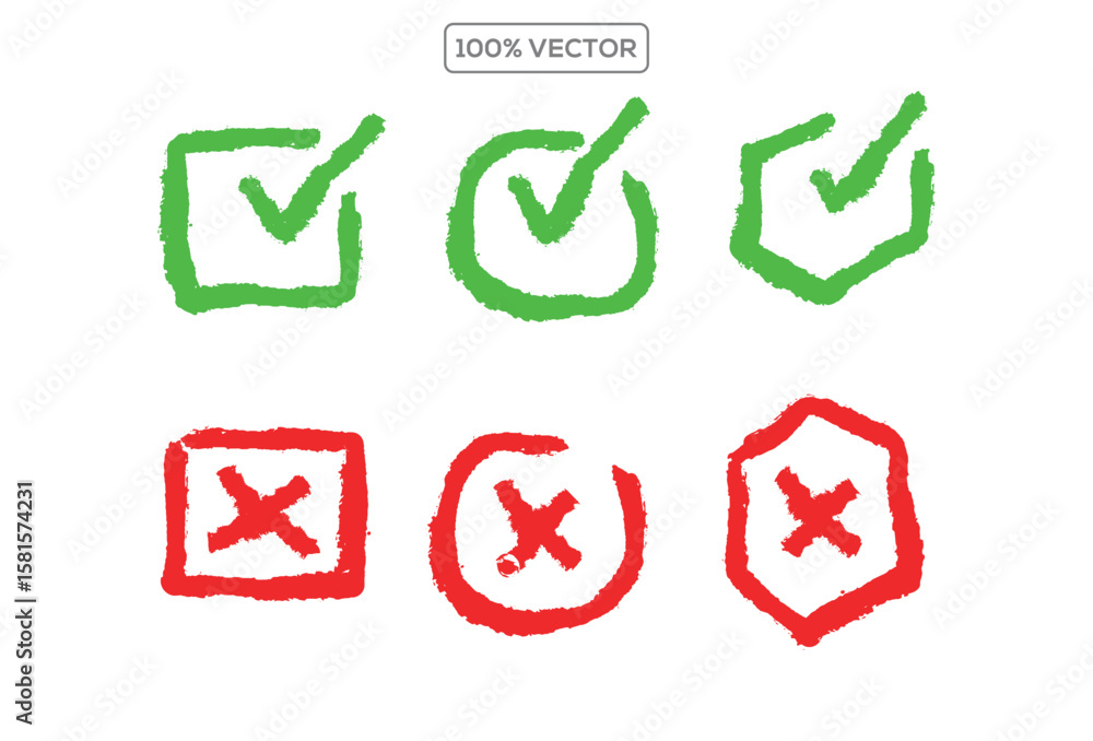 Poster check tick mark icon set. cross box x check mark checkbox v list vector draw hand drawn sketch doodl